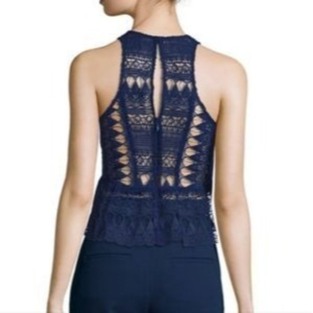 Self Portrait Blue Blouse Top Sheer Lace Cut Out Sleeveless Peplum 6 - Picture 2 of 8